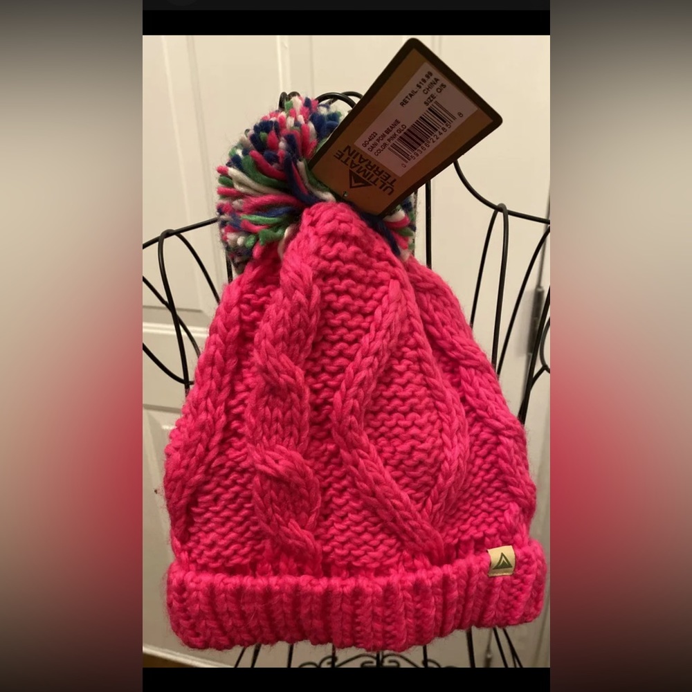 New Ultimate Terrain Hot Pink Beanie crochet Hat Cap Pom on top Ladies Winter